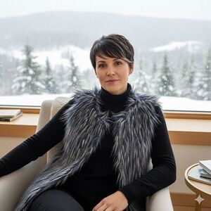 Miss London Sleeveless Vest Jacket Faux Fur Feather Women Navy‎ Gray Cozy Size M